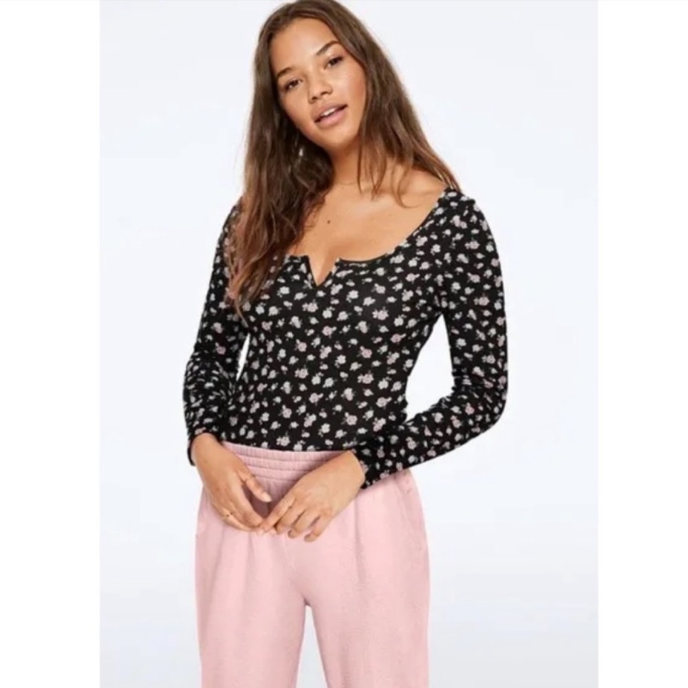 PINK Victoria's Secret Black Floral Bodysuit
